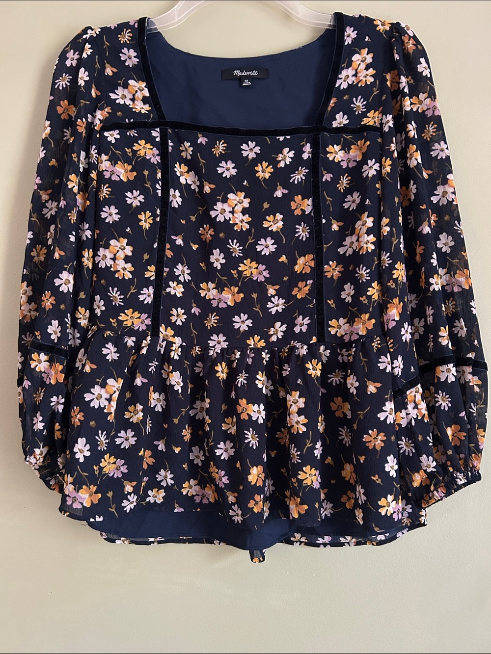 Madewell Velvet-Trimmed Square-Neck Top in Petal Party Size XS